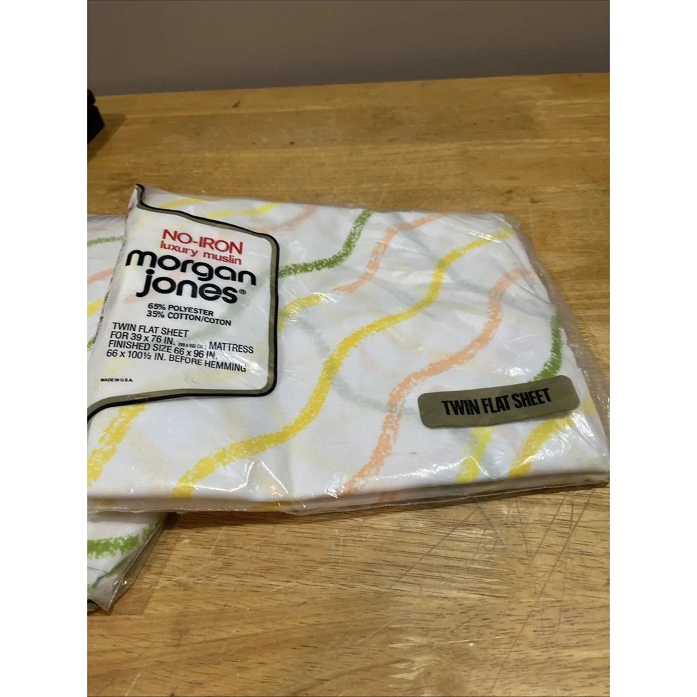 Vtg Morgan Jones Retro Sheets Twin‎ Fitted Flat Squiggle Lines Yellow Green 60s